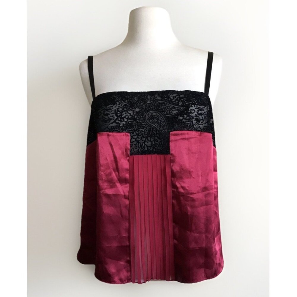 Victoria's Secret Red Cami Top Woman’s Medium Satin Lace Paisley Print Pleated
